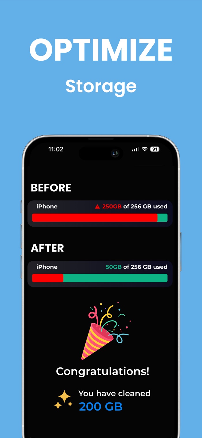 Turbo Cleaner storage before and after — 200 GB cleaned